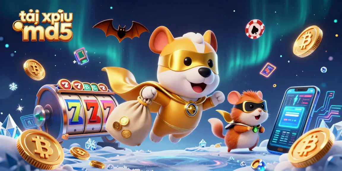 Tài xỉu md5 promotional illustration featuring a superhero dog and hamster among slot machines, enticing players to join the fun.