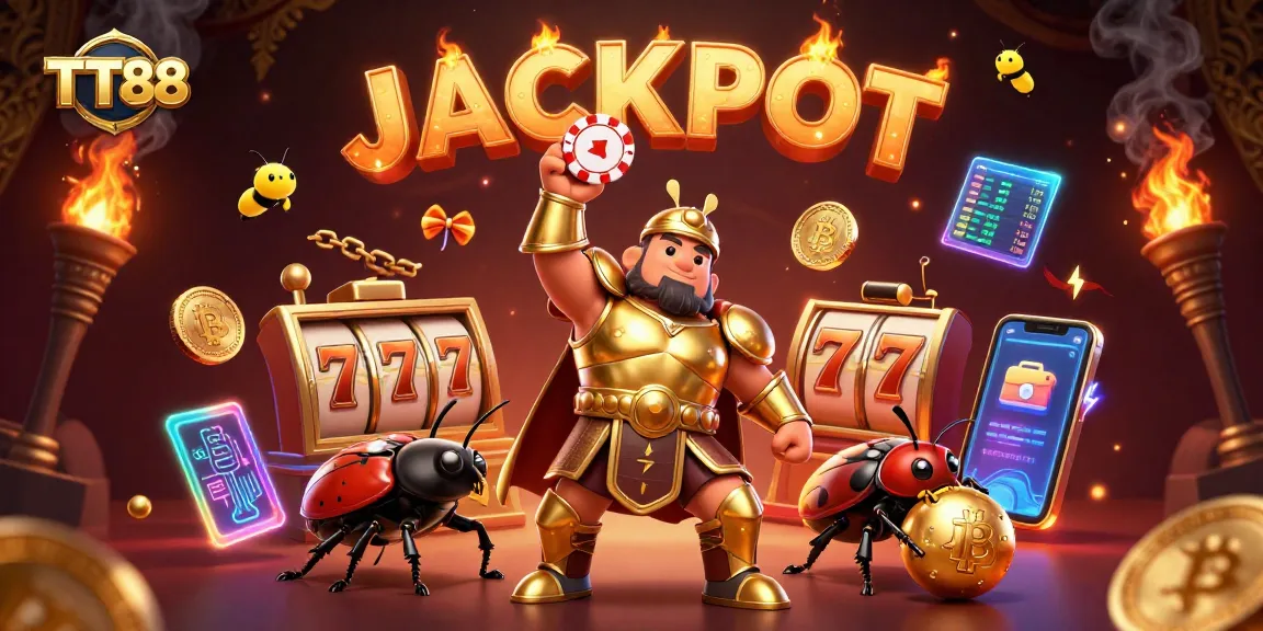 Experience TT88 excitement with a heroic beetle, jackpot symbols, and digital coins.