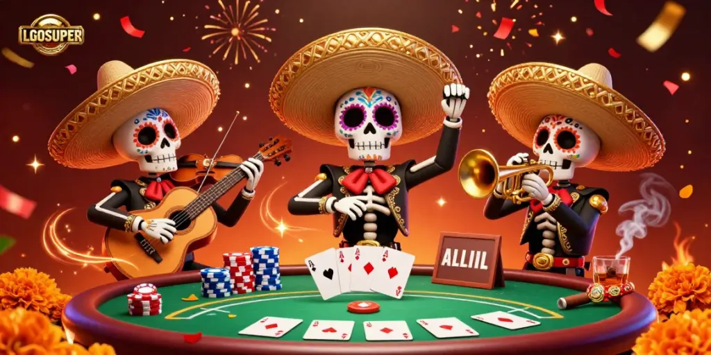 Experience the vibrant thrill of LGOSUPER with a colorful 3D mariachi band at a lively poker table.