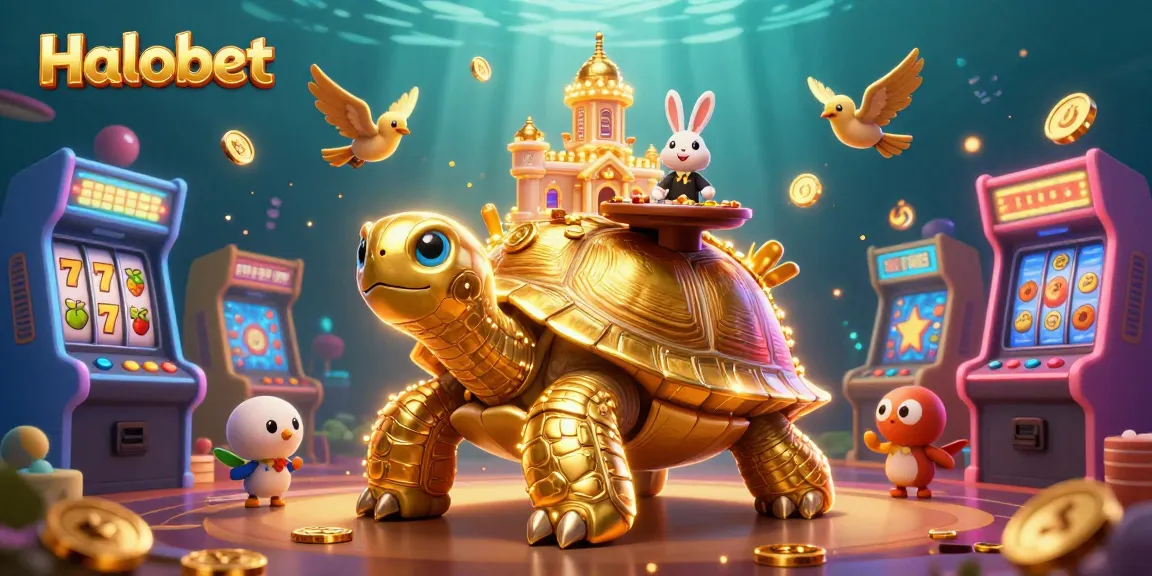 Experience thrilling slots at Halobet with a golden tortoise casino, vibrant colors, and dynamic gaming action.