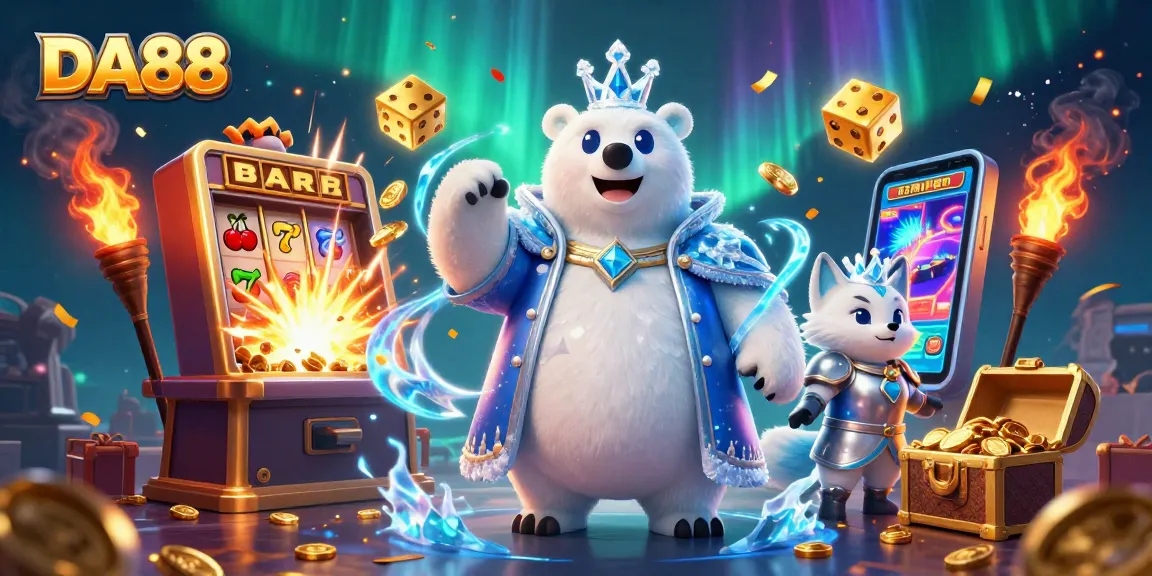 Experience thrilling jackpots at DA88 with a cartoon ice king polar bear and snow fox amid exciting casino elements.