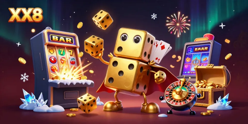 Win big with the XX8 dazzling casino scene featuring a golden dice golem and jackpot slot machine.