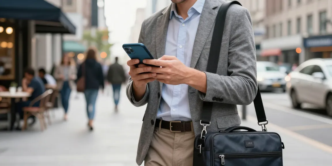 Professional using a Second number app on their smartphone in a bustling city environment, showcasing modern connectivity.