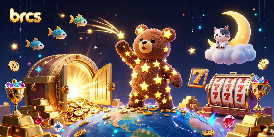 brcs showcases a captivating 3D scene with constellation characters winning coins and treasures in a magical casino.