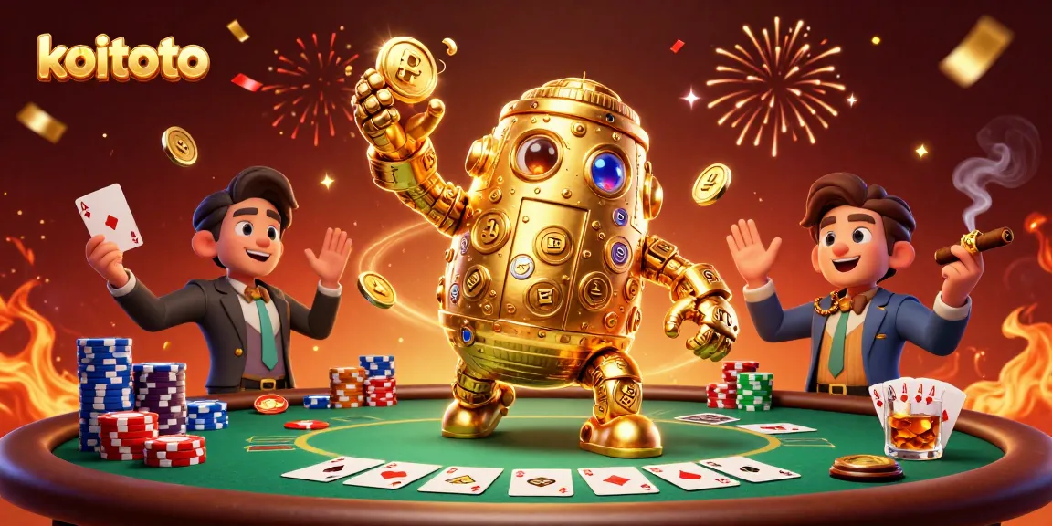 Koitoto offers a dynamic online gambling experience with a vibrant casino scene featuring animated gold golems and poker elements.