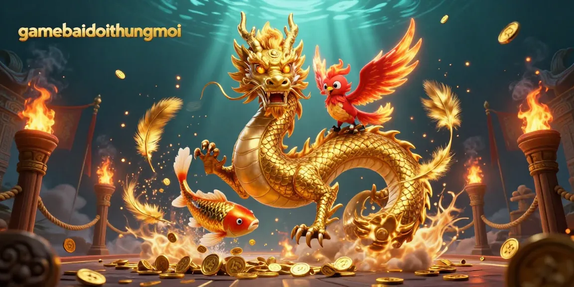Engage with gamebaidoithuongmoi through this dynamic illustration showcasing a powerful dragon, phoenix, and koi fish amidst fortune and excitement.