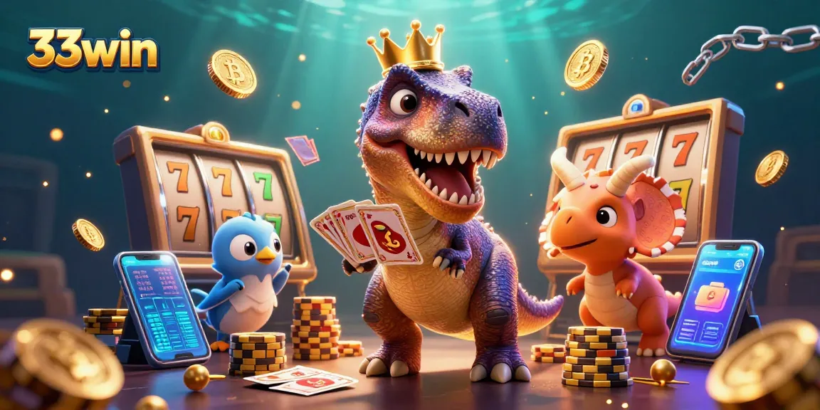 Experience excitement at 33win with a playful T-Rex and friendly characters in a vibrant casino scene.
