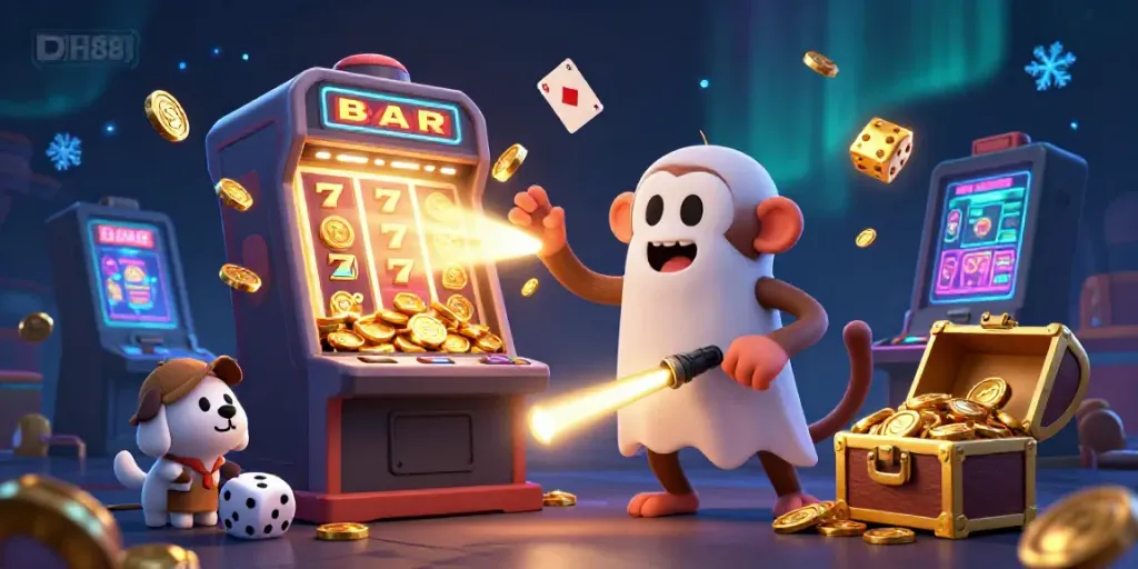 Experience the thrill of DH88 casino with vibrant games, golden winnings, and playful characters.
