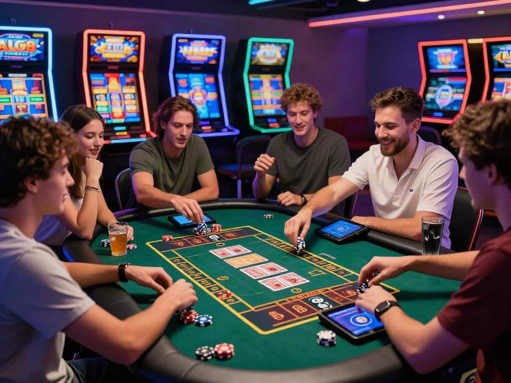 Exciting ALO8 online casino scene with friends enjoying gaming at a vibrant table.
