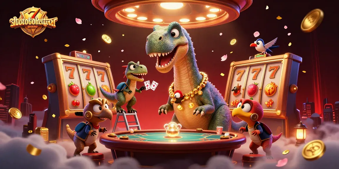 Engage gamers with situstotoslottergacor's vibrant casino scene featuring a towering brontosaurus.