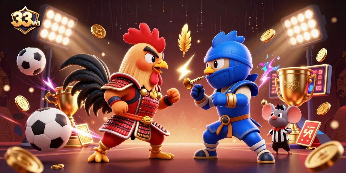 33win showcases an intense standoff between cartoon roosters in a vibrant casino-themed illustration.