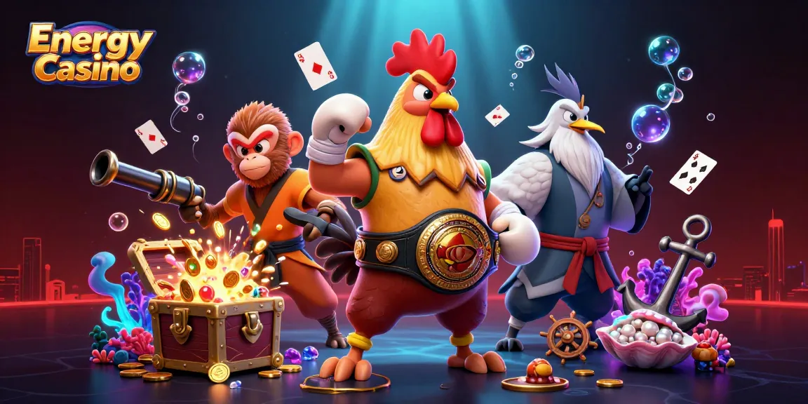 Az Energy Casino játékosai élvezik a pörgetést és a nyereményeket a 3D-s illusztrációban.