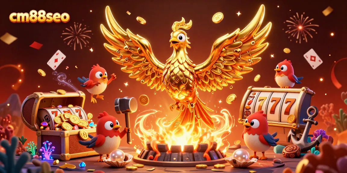 Experience incredible wins at cm88seo with vibrant 3D visuals of a molten phoenix and casino action.