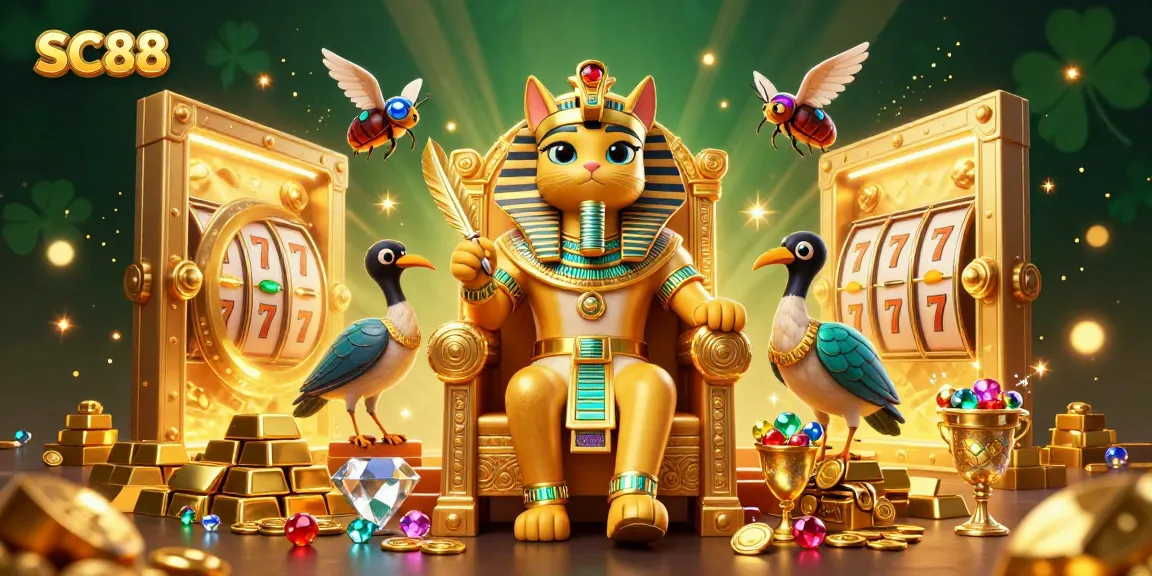 Experience SC88 with vibrant casino-themed illustration showcasing a pharaoh cat and treasure.