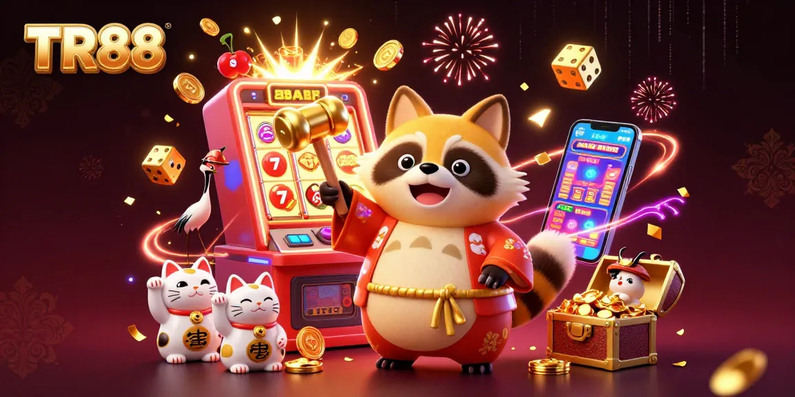 Win big with TR88 in this vibrant 3D casino scene featuring lucky symbols and joyful characters.