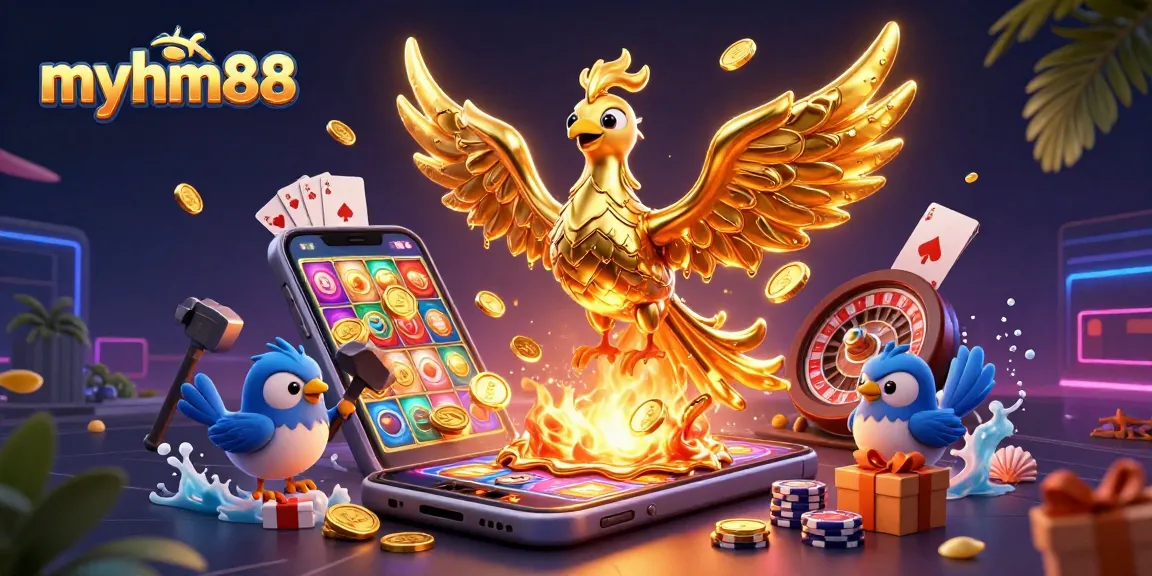 Immerse in the world of myhm88, where a molten phoenix brings fortune with golden coins and vibrant casino elements.