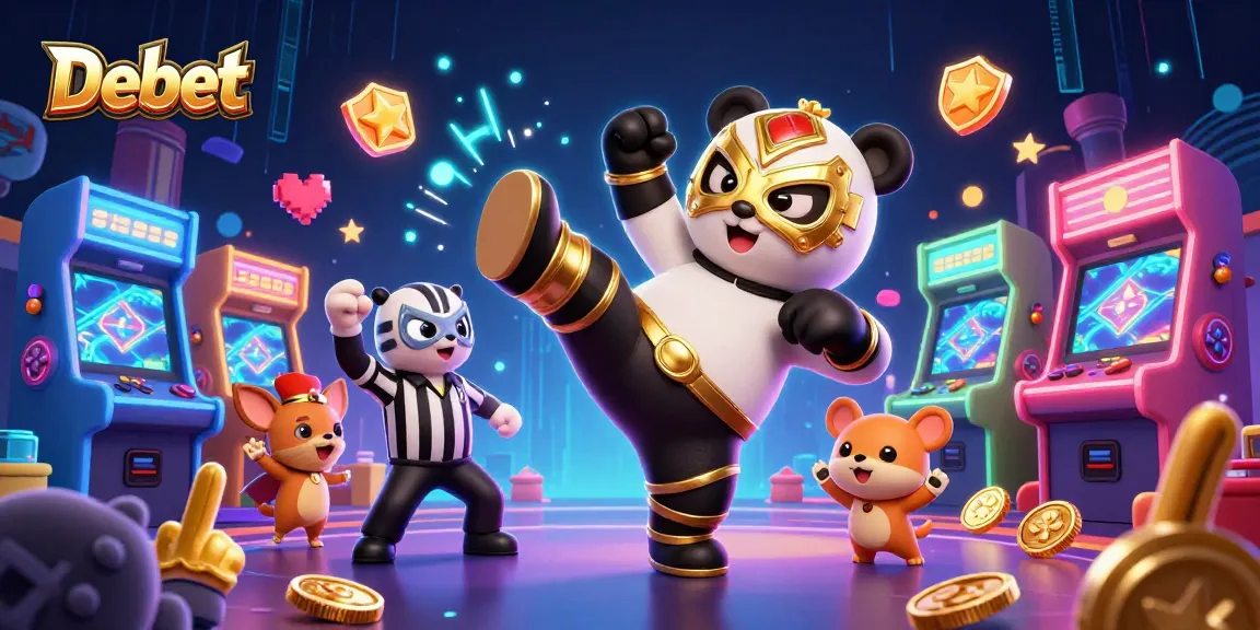 Debet showcases a spirited panda wrestler kicking with excitement amidst vibrant casino games.