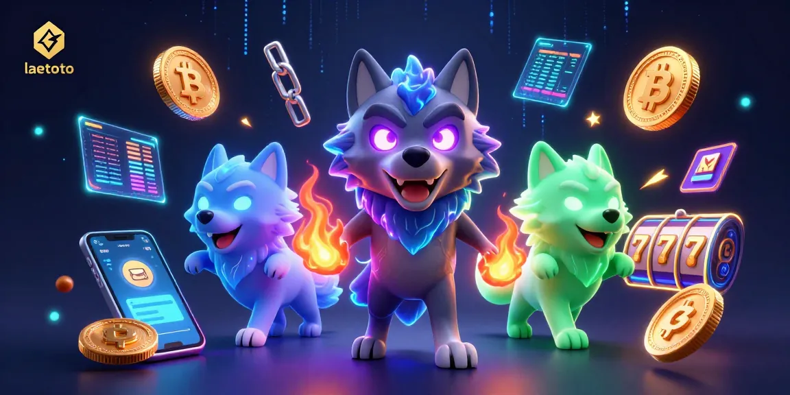 Play with laetoto's vibrant 3D promotional illustration showcasing winning slots and cryptocurrency elements.