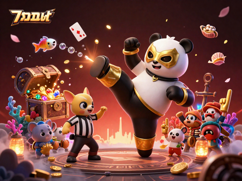 Experience the winning strategies of แทงบอล with a dynamic wrestling panda, referee, and cheerful spectators in this exciting casino scene.