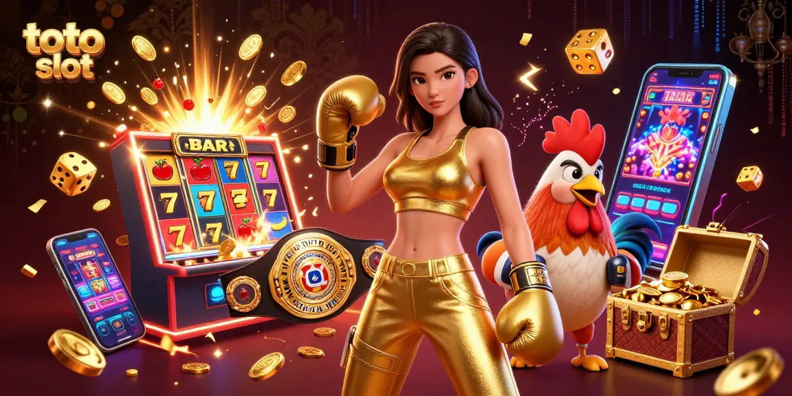 Engage in exciting toto slot action with a dynamic illustration of a boxing woman and rooster, featuring vibrant casino elements.