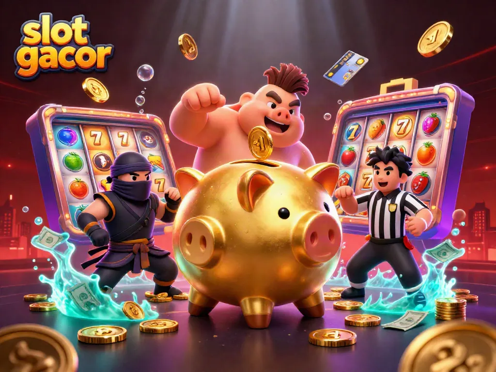 Experience the thrill of slot gacor with vibrant characters, colorful games, and lush effects in this dynamic digital illustration.