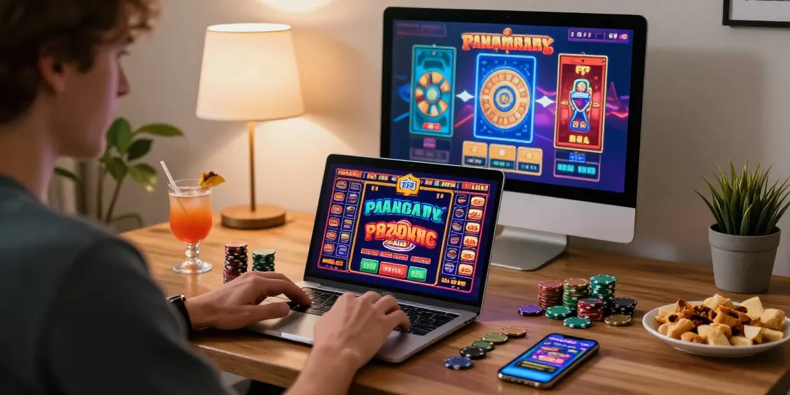 Exciting online casinos Australia scene with player enjoying pokies on laptop surrounded by gaming elements.