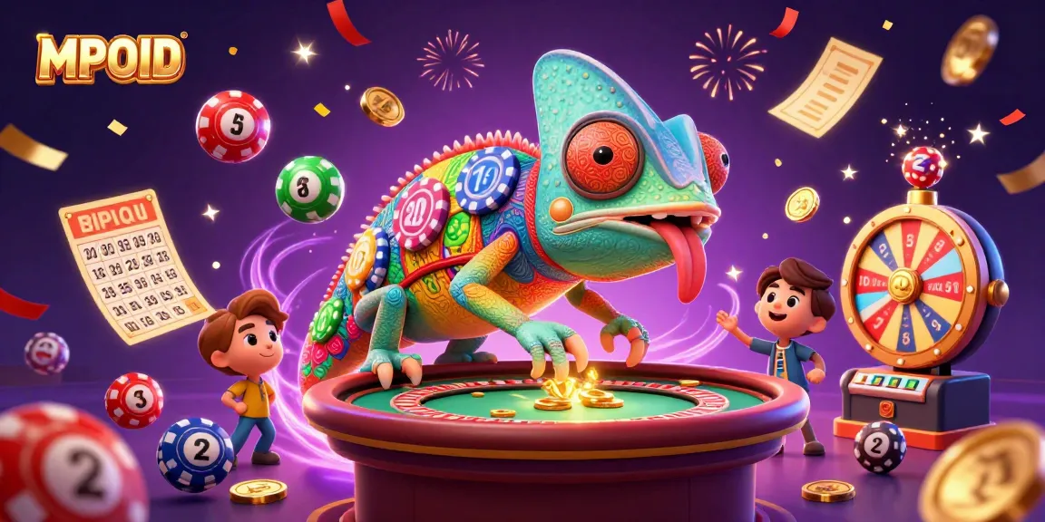 Engage in exciting gameplay with MPOID, featuring a vibrant chameleon casino owner amidst lottery elements.