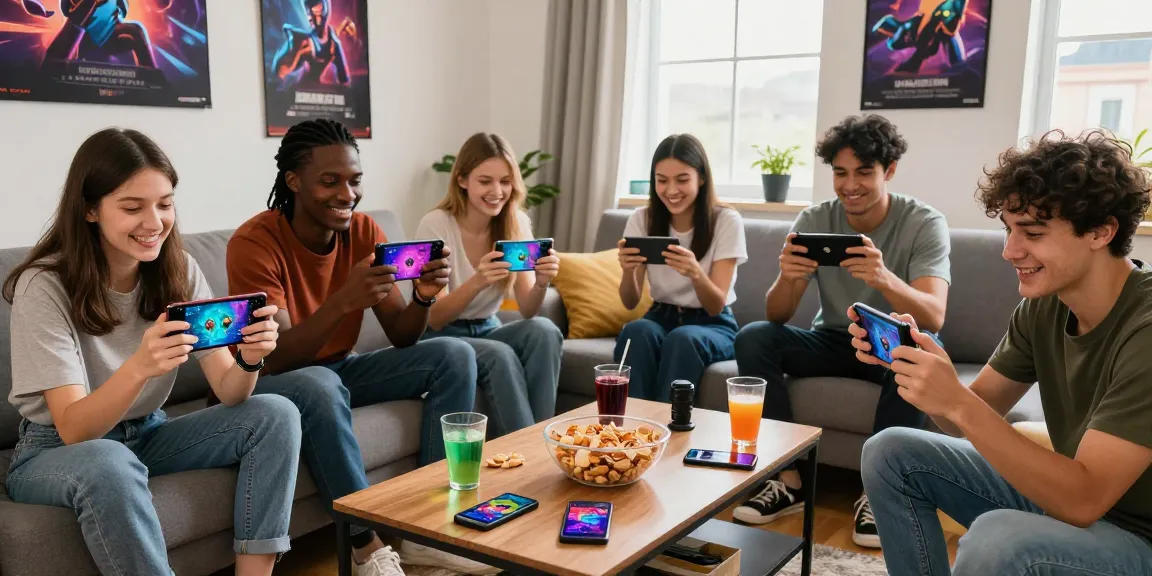 Earning games excitement captured as friends enjoy colorful mobile gameplay in a cozy setting.