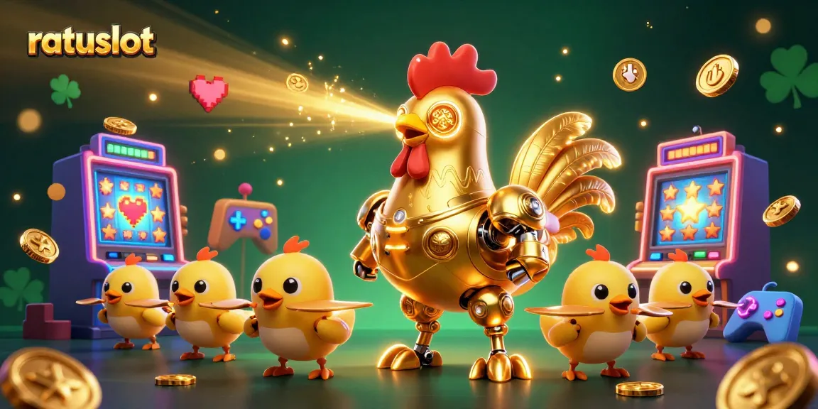 Play with ratuslot's exciting golden rooster robot and vibrant slot machines in this dynamic casino illustration.