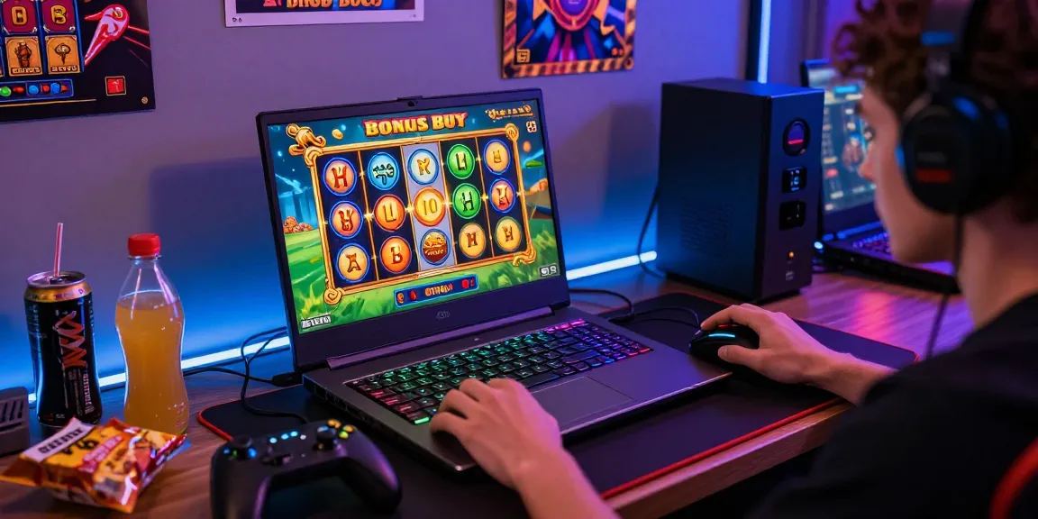 Engaged player enjoying bonus buy slots at https://crownnorthill.co.uk/ on a vibrant gaming setup with colorful reels and gaming peripherals.