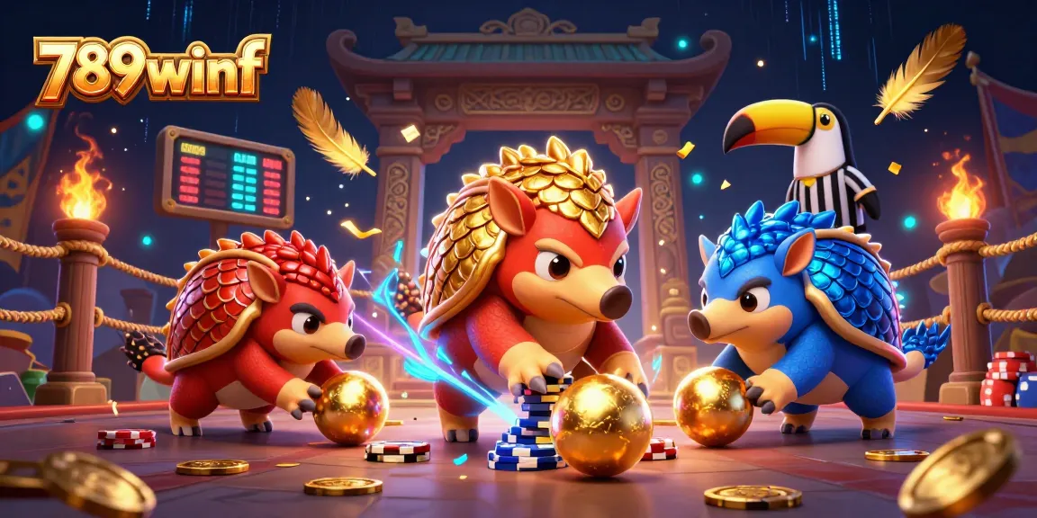 Experience thrilling 789winf action with rival pangolins battling amidst vibrant casino elements.