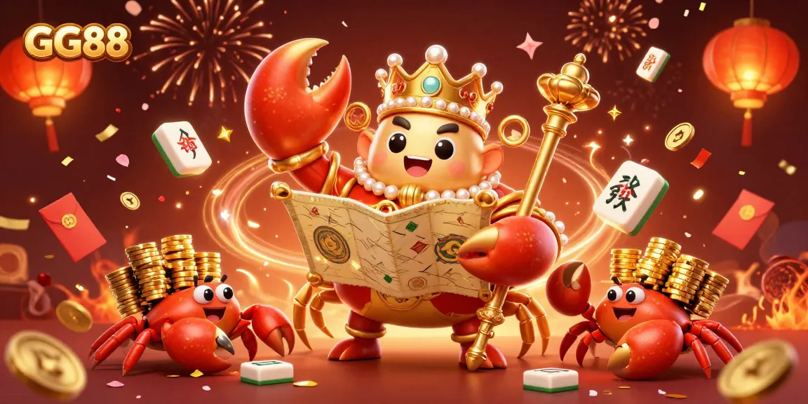 Experience GG88's vibrant 3D casino scene featuring a golden crab emperor amidst floating game elements