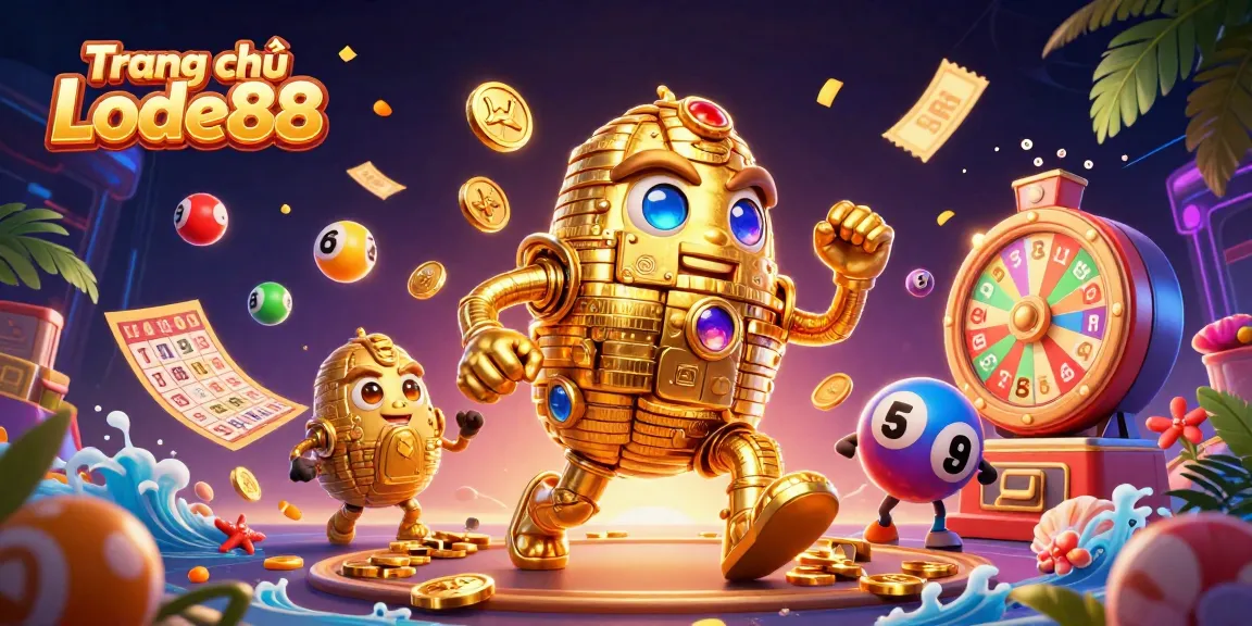 Win big at Trang chủ Lode88 with colorful lottery balls and a golden golem.