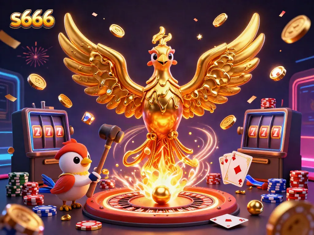 Experience s666 with a golden phoenix and exciting casino elements in a vibrant scene.