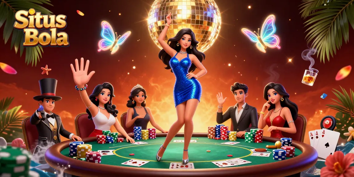 Situs Bola showcases a vibrant casino scene with a glamorous woman, poker elements, and dynamic energy.