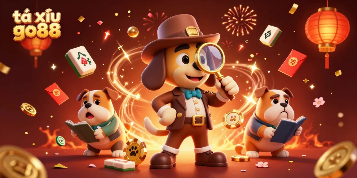Exciting tài xỉu go88 scene with characters investigating golden poker chips in a colorful casino atmosphere.