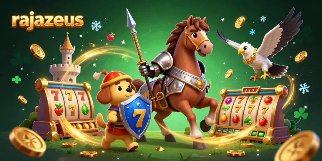 Permainan slot rajazeus dengan ksatria berkuda dan elemen jackpot yang dinamis.