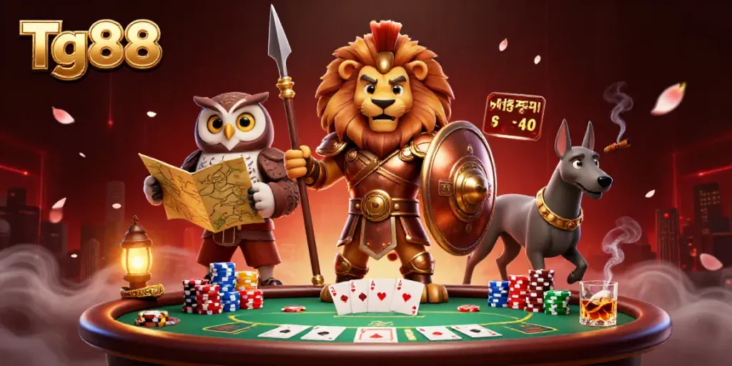 Tg88 depicts a powerful lion in armor alongside an owl and greyhound, set against a dynamic casino backdrop.