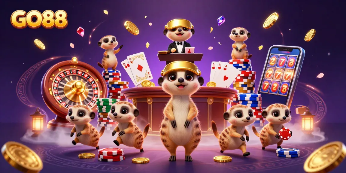 Experience thrilling gameplay at GO88 with a bustling meerkat casino scene showcasing vibrant slots and dynamic games.
