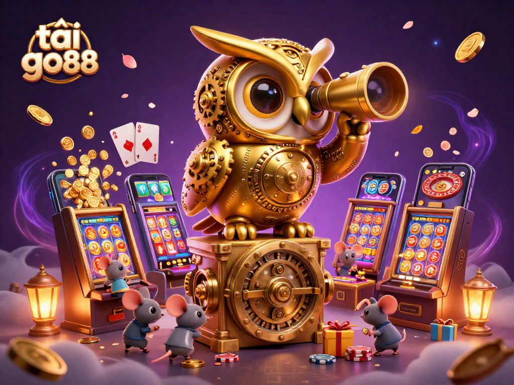 Enhance your gaming experience by tải go88, with a vibrant casino illustrated scene featuring a golden owl and dynamic gaming elements.