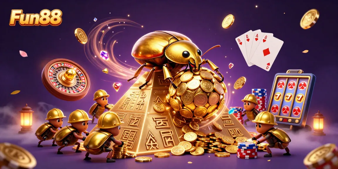 Join the adventure at Fun88 with a golden dung beetle rolling coins, surrounded by casino excitement.