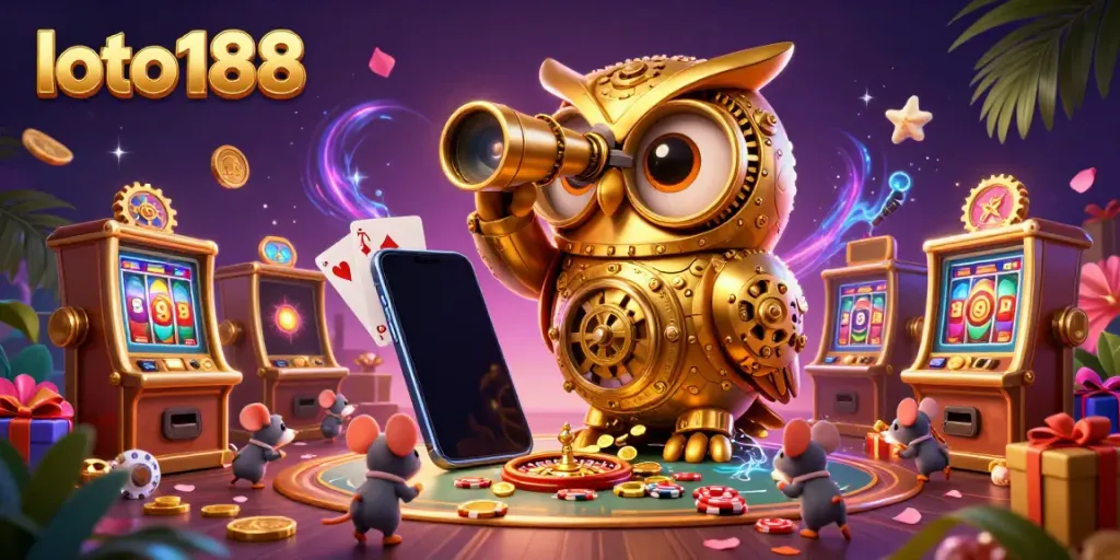 Experience loto188 with a vibrant casino scene featuring a golden owl and engaging slot game.