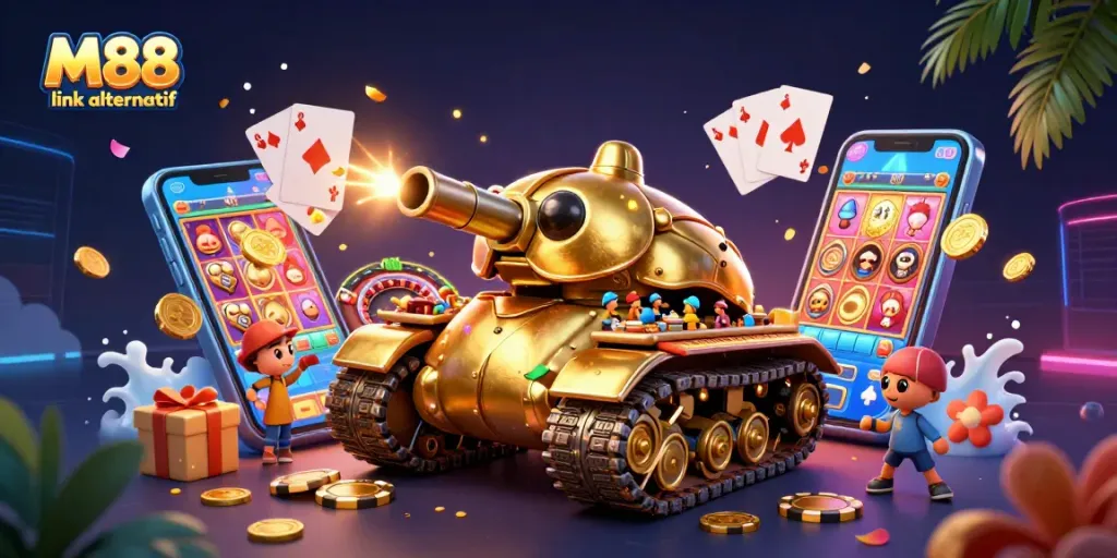 Experience winning thrills with M88 link alternatif in a dynamic 3D casino scene filled with excitement.