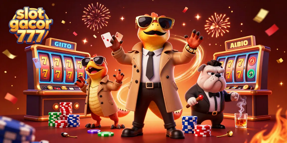 Experience thrilling action at slot gacor 777 with cartoon raptors entering a casino lounge.