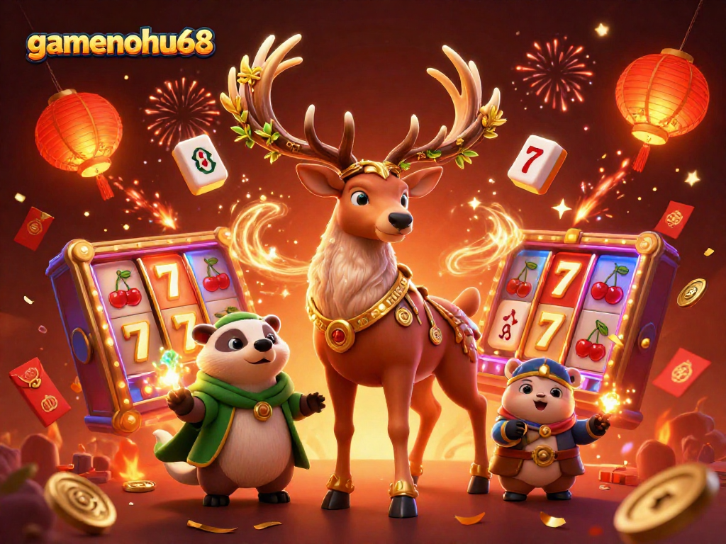 Experience the thrill of gamenohu68 with this vibrant 3D casino scene, featuring slot reels and lively characters.