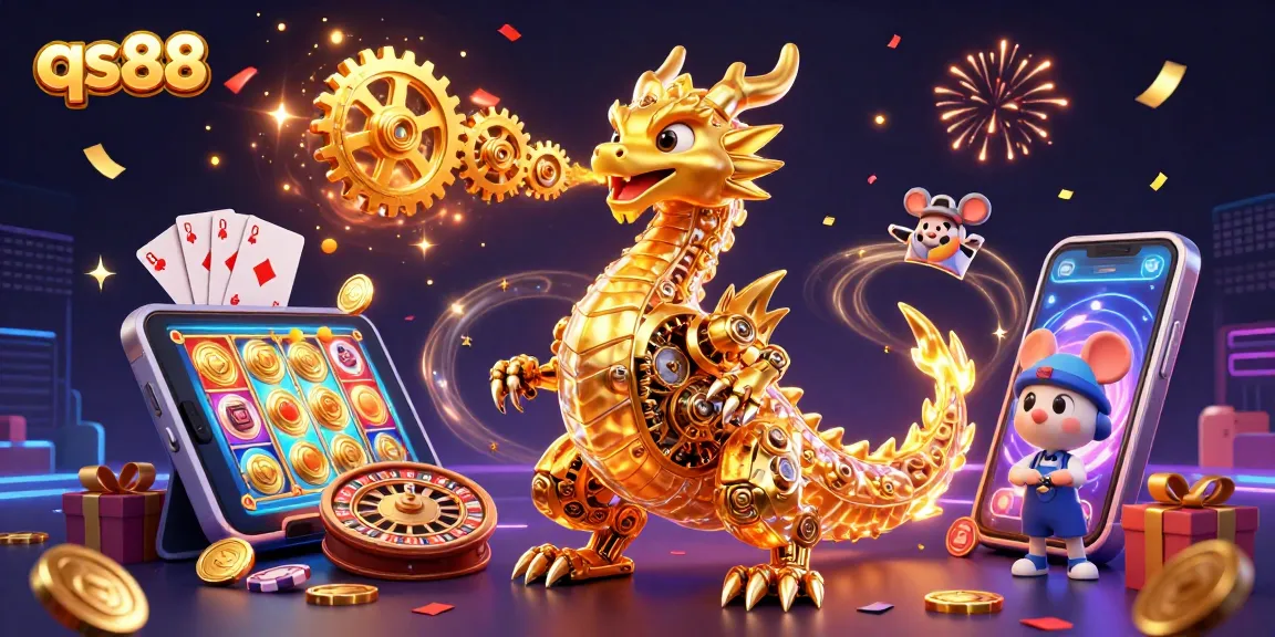 Engage in exciting slots and casino games at qs88 with vibrant 3D illustrations, spinning reels, and golden coins.