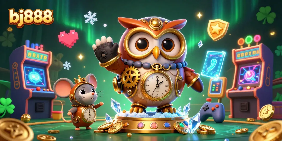 Engage in thrilling gameplay at bj888 with a vibrant 3D casino scene showcasing unique games and characters.