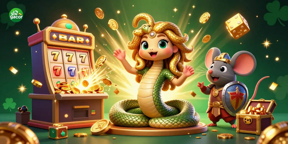 Experience the excitement of slot gacor in a vibrant casino scene with Medusa and a warrior mouse.