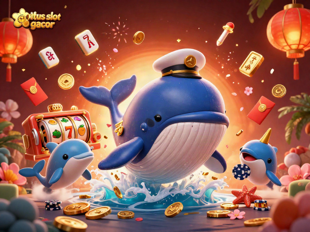 Menangkan keajaiban situs slot gacor dengan ikan paus berkapten, simbol beruntung, dan perangkat slot yang bersinar.