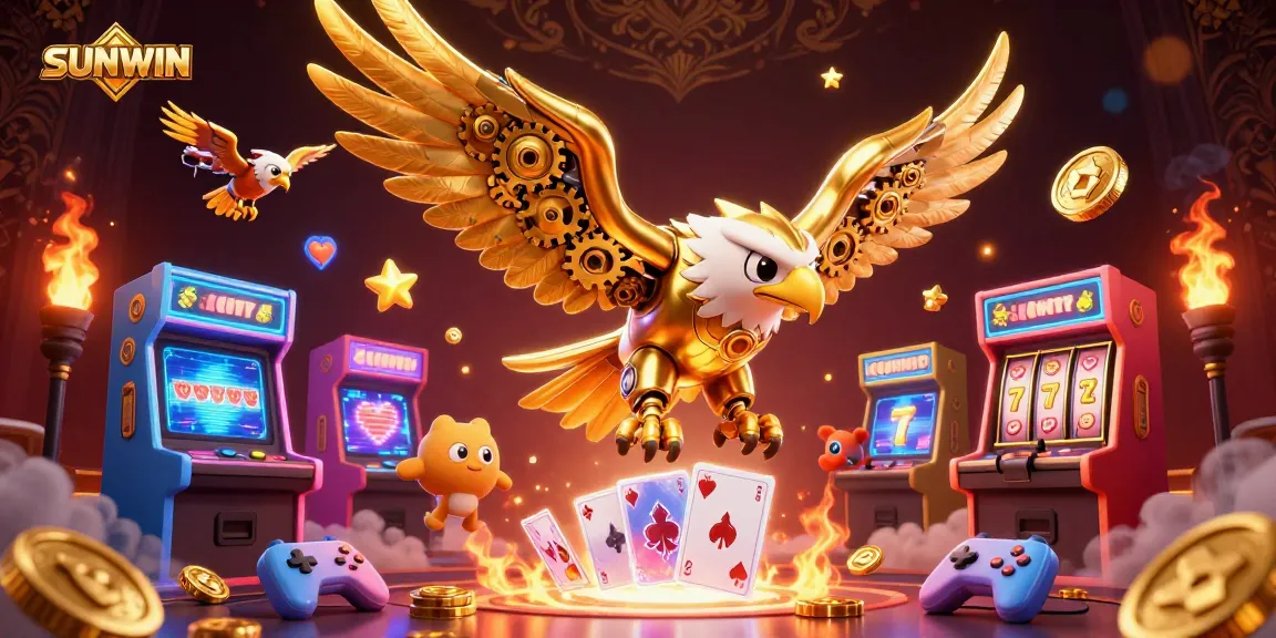 SUNWIN showcases a vibrant 3D illustration of a cybernetic eagle with gaming elements and slot symbols, exemplifying online casino excitement.